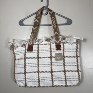 New With Tag Styline Cotton Tote 20" X 13" X 4" Aztec‎ Embroidered Straps Fringe